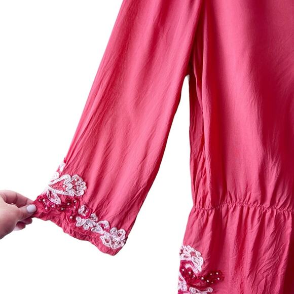 Soft Surroundings Coral Beaded Embroidered Tunic Top Cinch Waist Size Small - Picture 5 of 8